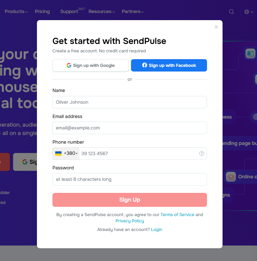 SendPulse registration.