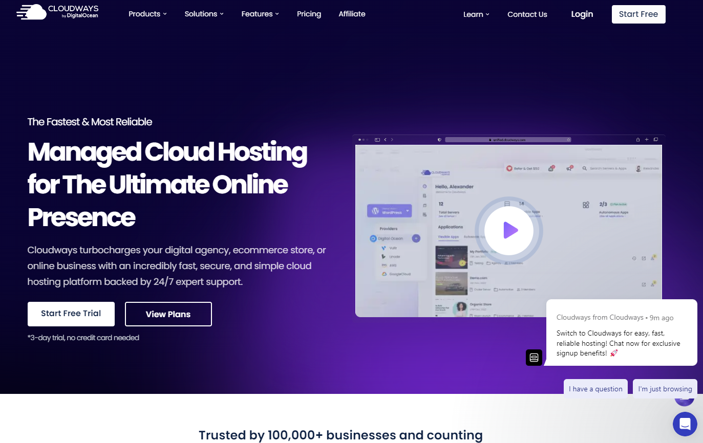 Home page of the Cloudways website.