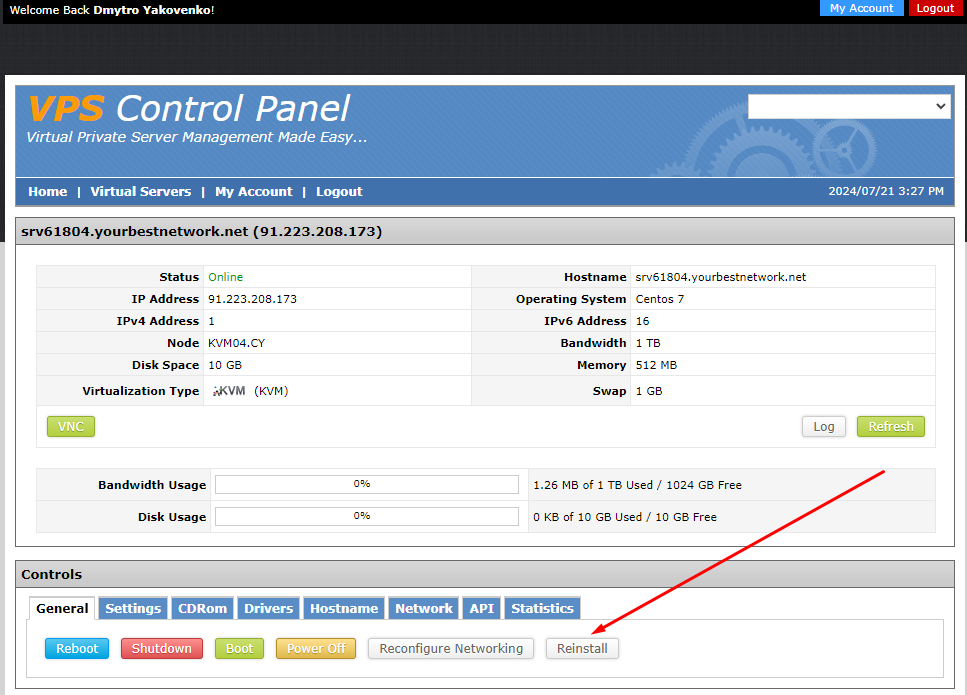 Onde está o botão para reinstalar o sistema operacional no HostZealot VPS.