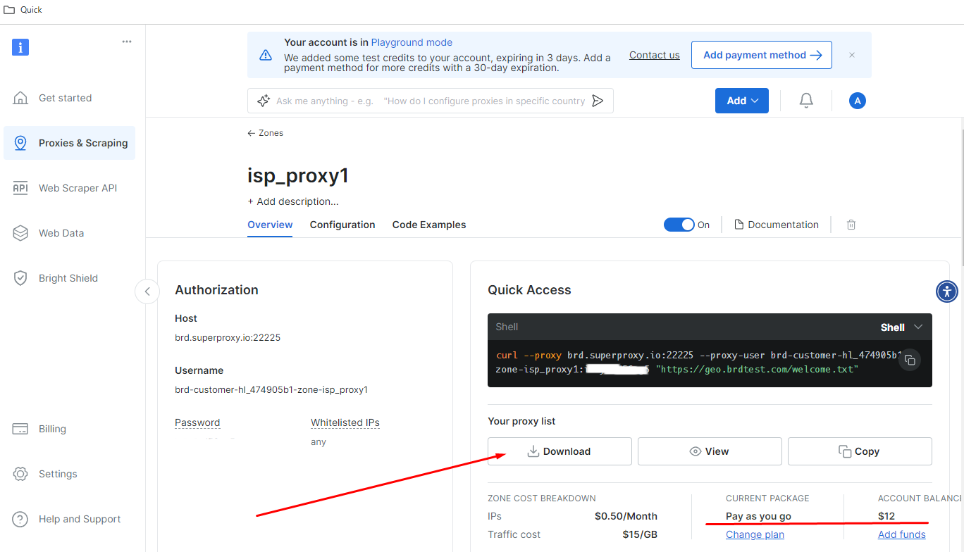 Configurações de proxy BrightData para navegador antidetecção.