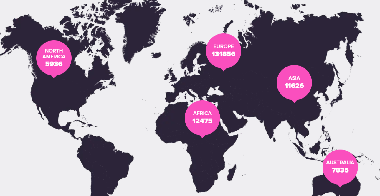 Mapa mundial de clientes que usam o Zomro.