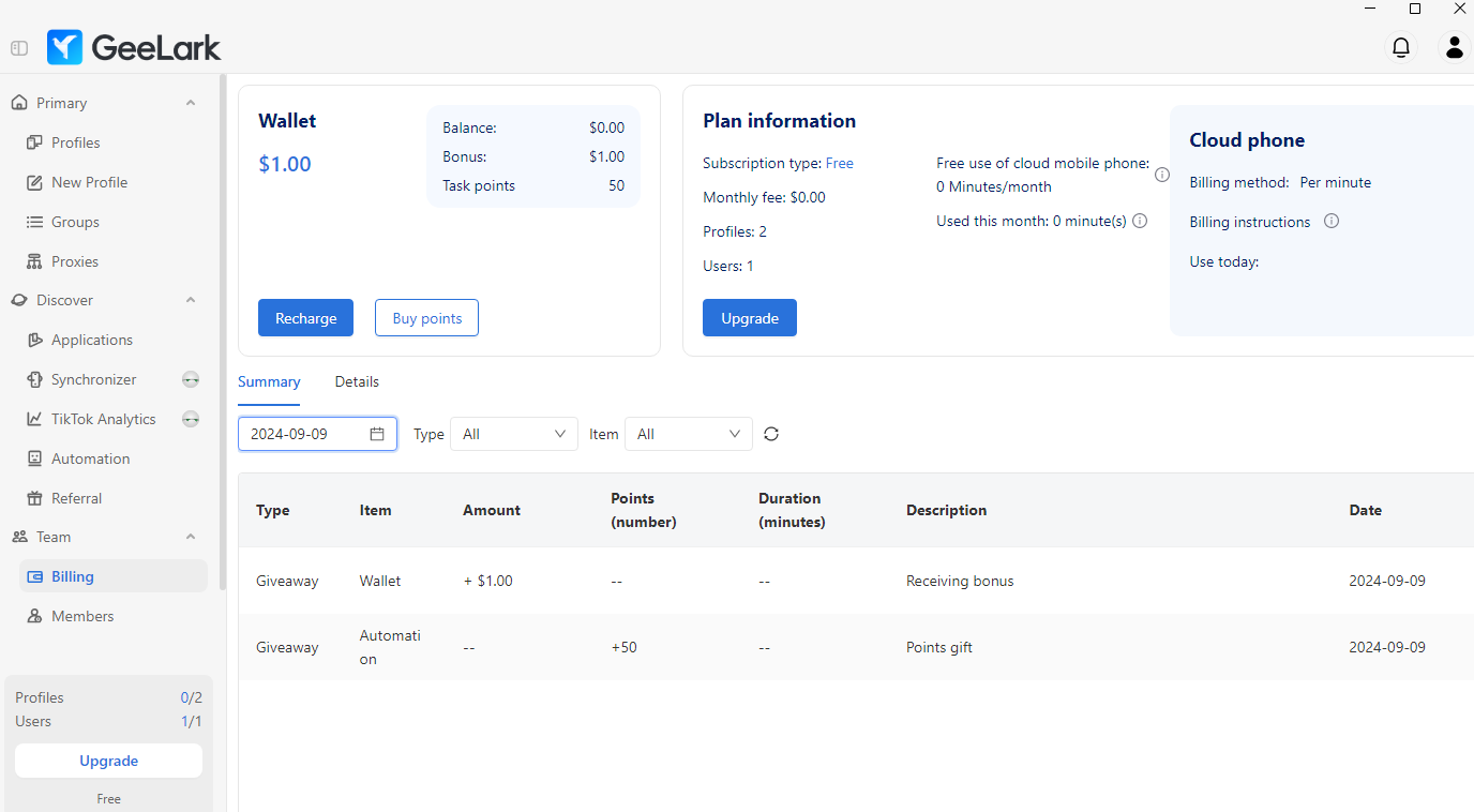 GeeLark Browser Interface Payments Page.