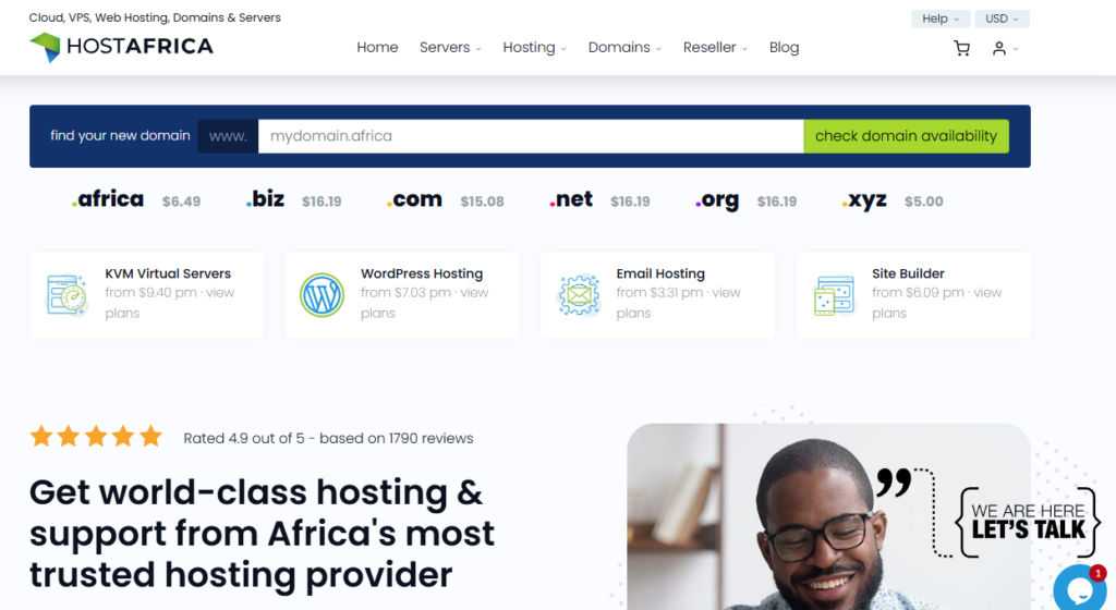 Home page of the website of the hosting provider Hostafrica.