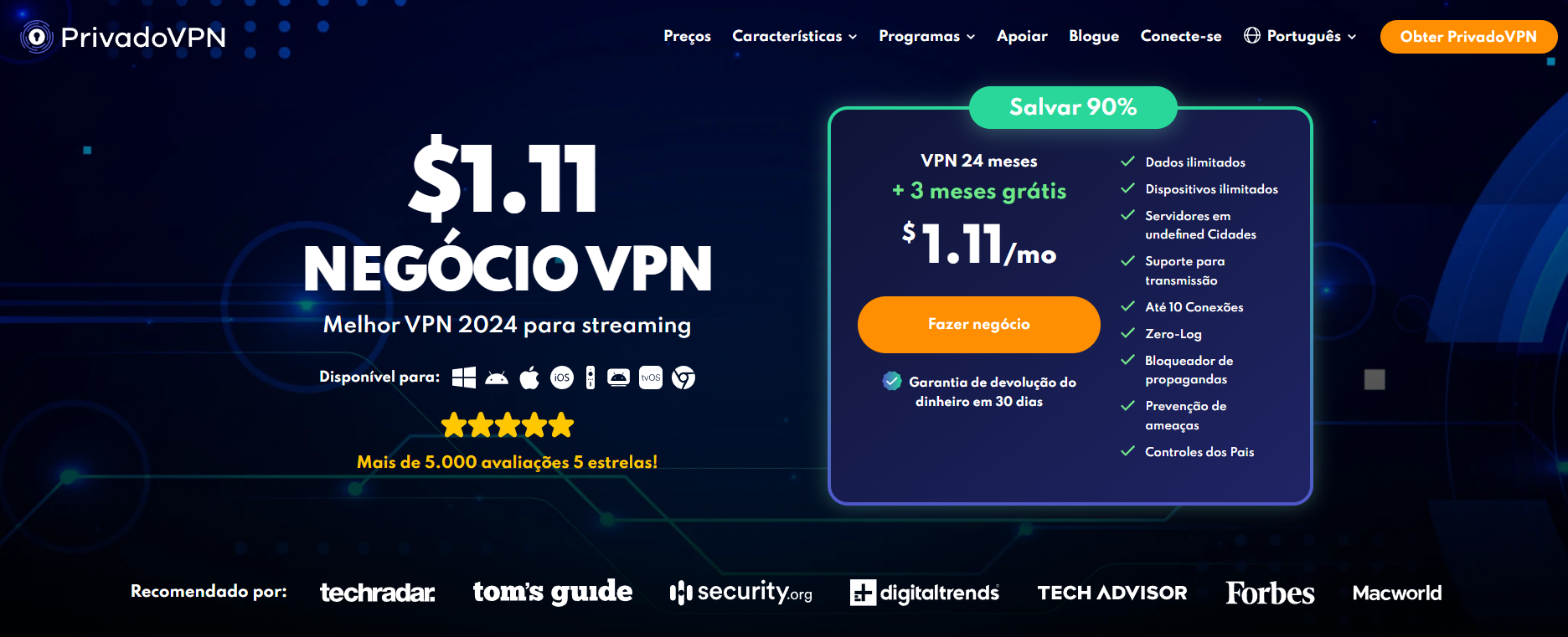 Página principal do PrivadoVPN.