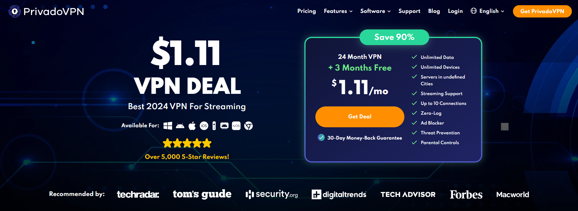 PrivadoVPN main page.