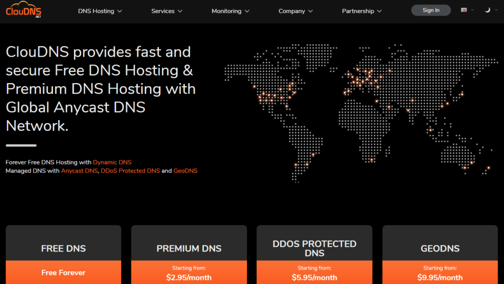 Cloudns main page of the site.