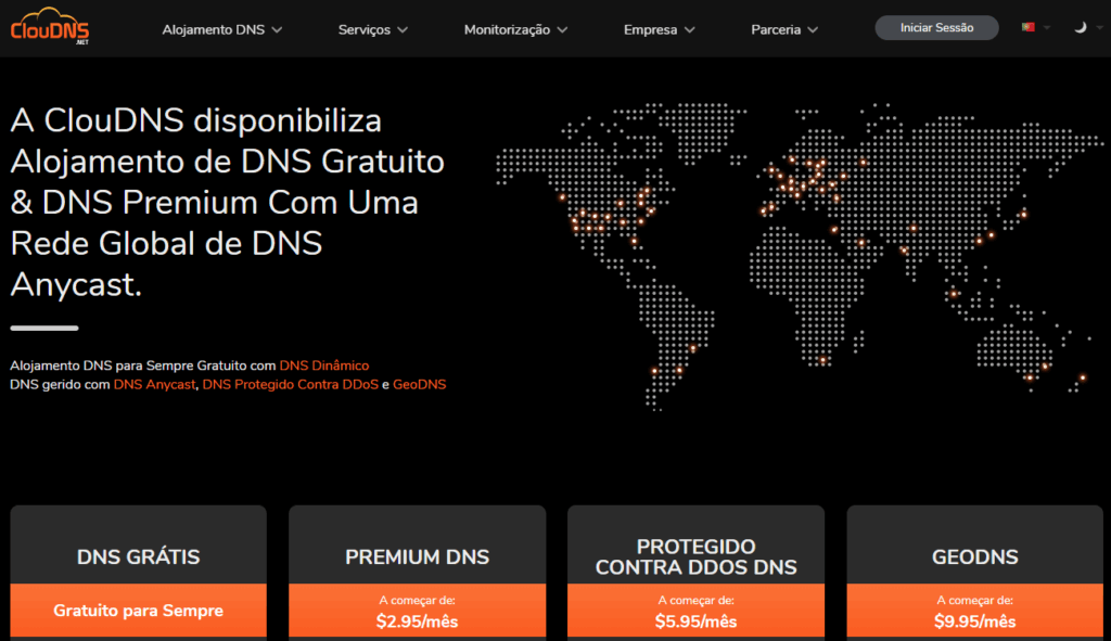 Página principal do site Cloudns.