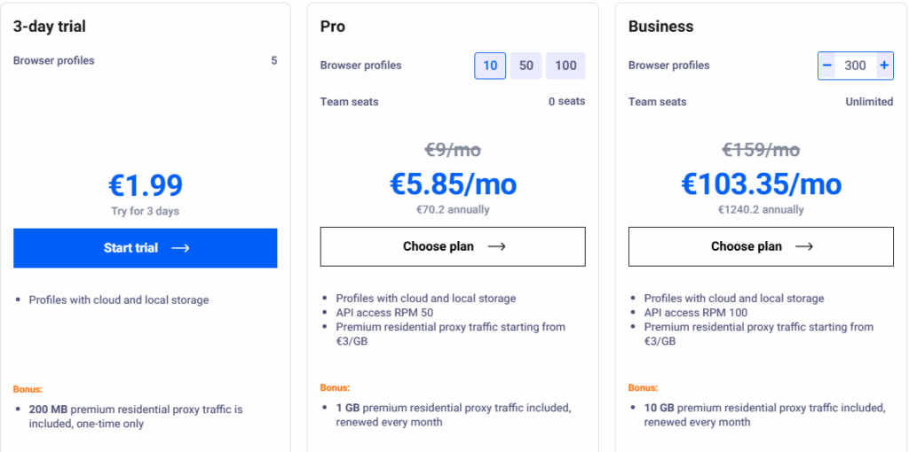 Pricing Multilogin browser.
