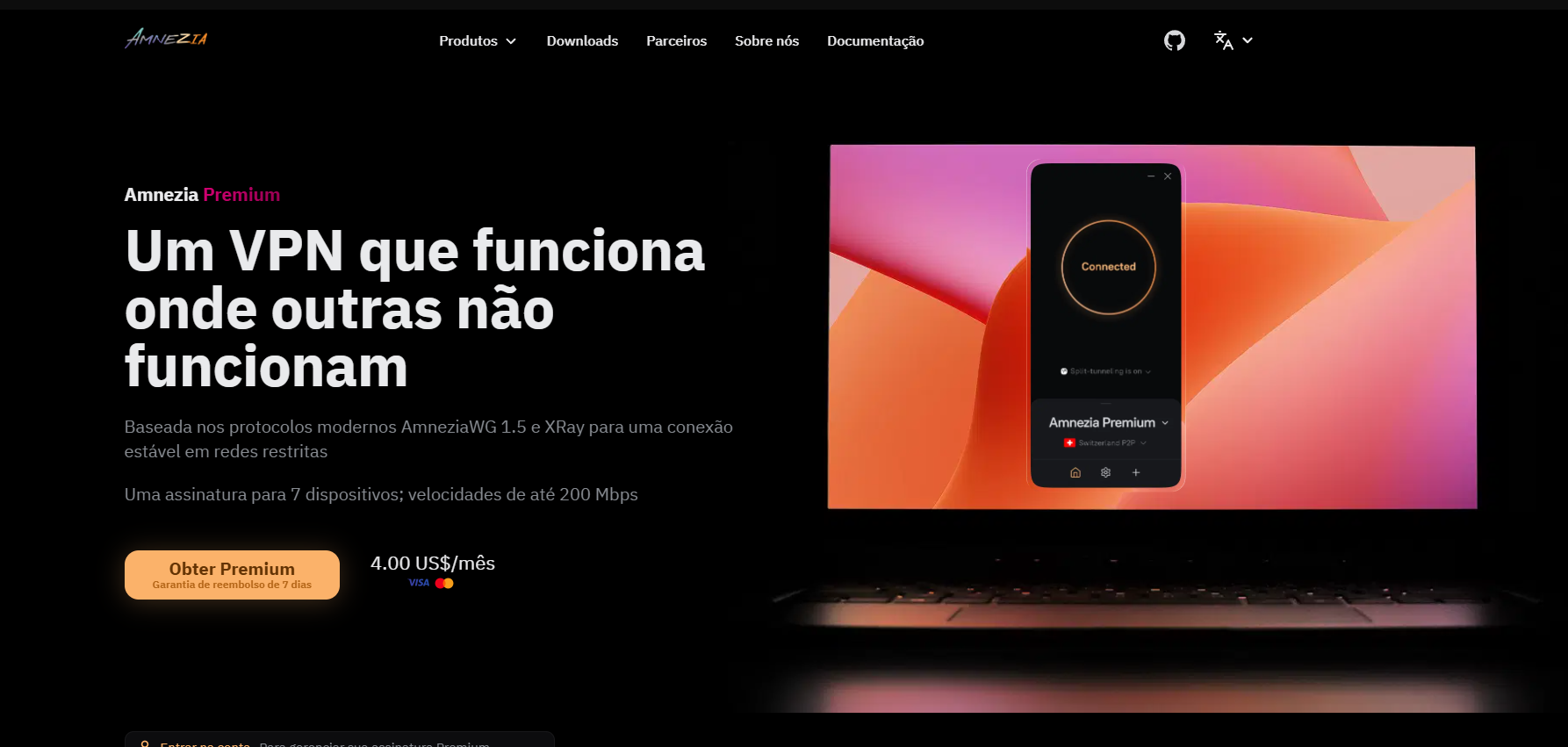 AmneziaVPN página inicial.