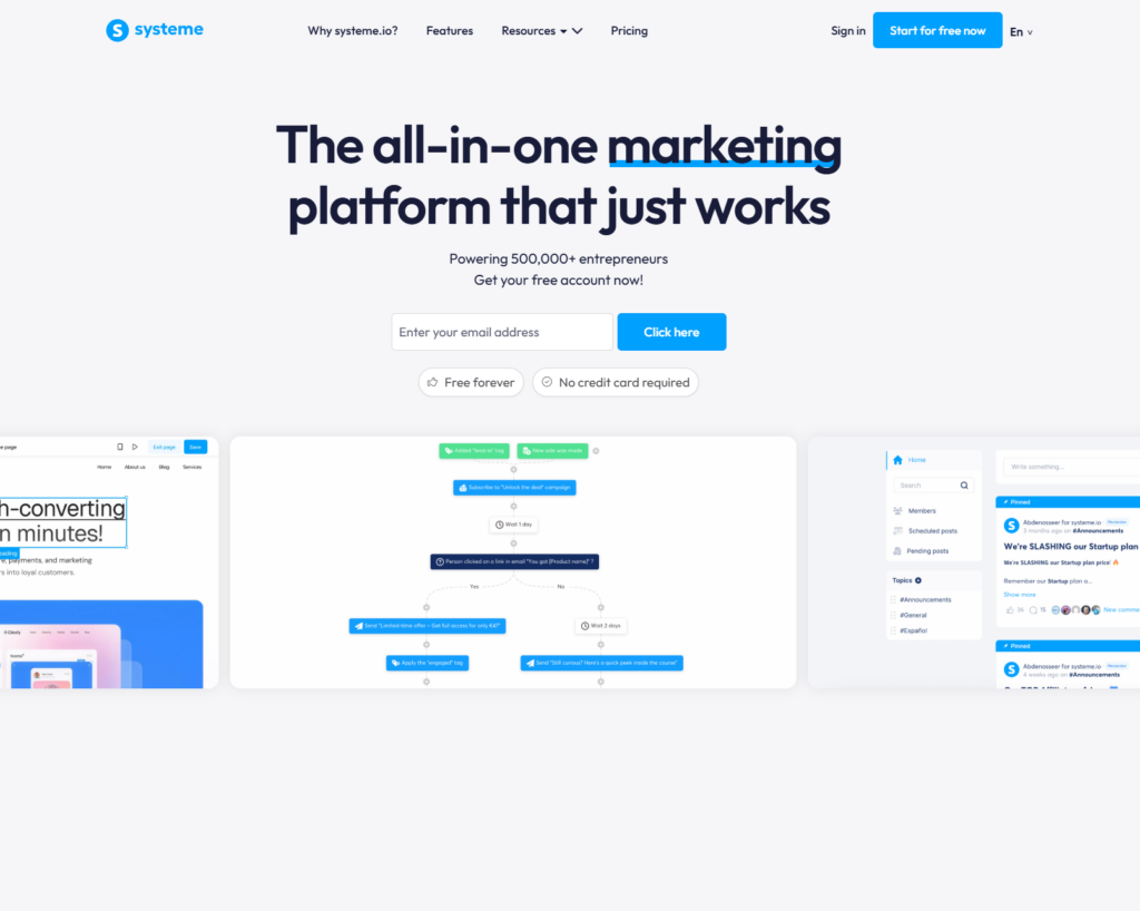 Systeme.io main page.