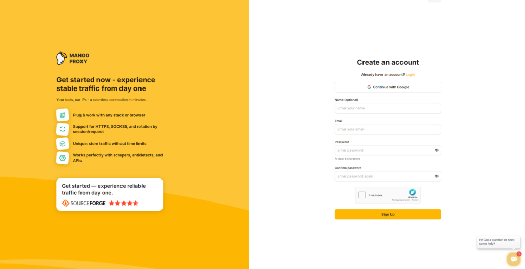 Crie uma conta no MangoProxy.