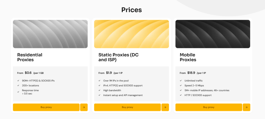 Preços do MangoProxy.