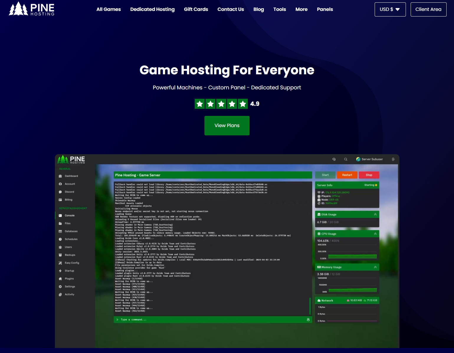 Pine Hosting главная страница.
