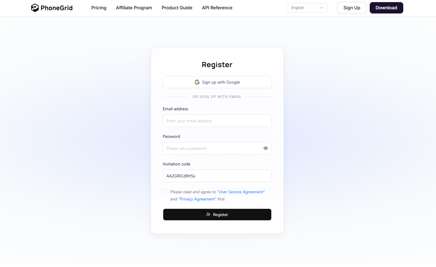 PhoneGrid register.